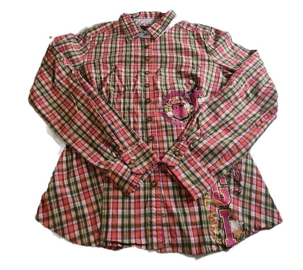 COOGI Australia Long Sleeve Plaid Button-Down Shirt with Floral Embroidery